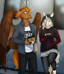 Size: 2853x3304 | Tagged: safe, artist:askbubblelee, oc, oc:cross stitch, oc:singe, pegasus, unicorn, anthro, albino, anthro oc, clothes, cup, duo, female, high res, hoodie, looking up, male, stallion, story in the source