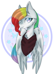Size: 1536x2048 | Tagged: safe, artist:littlesmolartist, oc, oc:rainbow paws, pegasus, pony, bust, clothes, female, head shot, hoodie, looking at you, rainbow hair, scar, simple background, transparent background