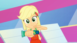 Size: 1920x1080 | Tagged: safe, screencap, applejack, equestria girls, equestria girls series, g4, i'm on a yacht, spoiler:eqg series (season 2), female, geode of super strength, magical geodes, sleeveless, solo, sunscreen