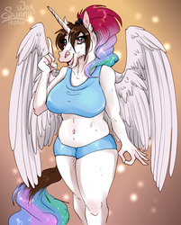 Size: 1000x1242 | Tagged: safe, artist:sunny way, princess celestia, oc, oc only, oc:sunny way, alicorn, anthro, rcf community, big breasts, breasts, circle game, curvy, cute, female, four wings, funny, fusion, hoers, horn, mare, multiple wings, open mouth, smiling, solo, sparkles, wings, 👌