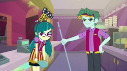 Size: 1920x1080 | Tagged: safe, screencap, brim marco, juniper montage, equestria girls, equestria girls specials, g4, my little pony equestria girls: mirror magic, angry, broom, cash register, clothes, cup, female, glasses, hat, male, mirror, pants, pigtails, skirt