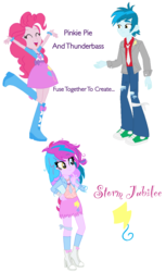 Size: 1294x2111 | Tagged: safe, artist:12amuwu, artist:selenaede, pinkie pie, thunderbass, oc, oc:storm jubilee, human, equestria girls, g4, female, fusion, fusion:pinkie pie, fusion:pinkiebass, fusion:thunderbass, heterochromia, male, pinkiebass