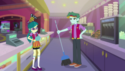 Size: 1906x1080 | Tagged: safe, screencap, brim marco, juniper montage, equestria girls, equestria girls specials, g4, my little pony equestria girls: mirror magic, broom, cash register, clothes, cup, female, glasses, hat, legs, male, pants, shoes