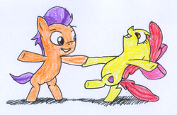 Size: 656x424 | Tagged: safe, artist:rizdub, apple bloom, tender taps, earth pony, pony, g4, colt, cutie mark, dancing, duo, female, filly, male, shipping, smiling, straight, tenderbloom, the cmc's cutie marks, traditional art