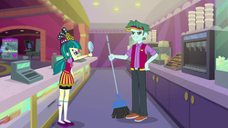 Size: 1920x1080 | Tagged: safe, screencap, brim marco, juniper montage, equestria girls, equestria girls specials, g4, my little pony equestria girls: mirror magic, broom, cash register, clothes, cup, female, glasses, hat, legs, male, pants, shoes