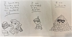 Size: 1270x663 | Tagged: safe, artist:dex stewart, maud pie, earth pony, pony, g4, book, boulder, female, i am a rock, monochrome, pickelhaube, pile, simon and garfunkel, solo, song reference, traditional art