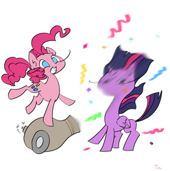 Size: 1080x1088 | Tagged: safe, artist:mamichi, pinkie pie, twilight sparkle, alicorn, pony, g4, confetti, duo, motion blur, no nose, no pupils, party cannon, pixiv, smiling, twilight sparkle (alicorn), twilight sparkle is not amused, unamused, varying degrees of amusement, windswept mane