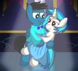 Size: 3600x3300 | Tagged: safe, artist:agkandphotomaker2000, dj pon-3, vinyl scratch, oc, oc:pony video maker, pegasus, pony, unicorn, g4, canon x oc, dancing, high res, looking at each other, pony prom, romantic, spotlight, videoscratch