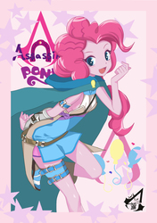 Size: 739x1052 | Tagged: safe, alternate version, artist:holo, pinkie pie, equestria girls, g4, assassin's creed, blushing, cloak, clothes, crossover, cute, cutie mark, diapinkes, female, leg strap, open mouth, pixiv, solo, stars