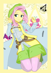 Size: 739x1052 | Tagged: safe, alternate version, artist:holo, fluttershy, equestria girls, g4, assassin's creed, cloak, clothes, crossover, cute, cutie mark, female, hood, pixiv, shyabetes, socks, solo, thigh highs