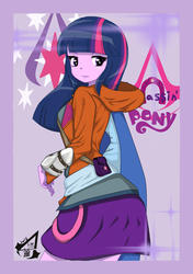 Size: 739x1052 | Tagged: safe, alternate version, artist:holo, twilight sparkle, equestria girls, g4, assassin's creed, clothes, crossover, cute, cutie mark, female, hood, hoodie, miniskirt, pixiv, satchel, skirt, solo, twiabetes