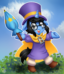 Size: 1107x1280 | Tagged: safe, artist:sabrib, oc, oc:tinker doo, pony, unicorn, a hat in time, cape, clothes, cosplay, costume, glasses, hat, hat kid, male, solo, top hat, umbrella