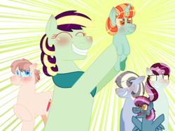 Size: 2048x1536 | Tagged: safe, artist:edgeyboiss, artist:kindheart525, oc, oc:bel canto, oc:cursive quill, oc:falsetto fallout, oc:holly-hay carol, oc:oleander, oc:pristine melody, earth pony, pegasus, pony, unicorn, kindverse, baby, baby pony, female, holding a pony, magical lesbian spawn, male, mother and son, oc x oc, offspring, offspring shipping, offspring's offspring, parent:applejack, parent:coco pommel, parent:coloratura, parent:oc:cursive quill, parent:oc:holly-hay carol, parent:oc:parasite, parent:oc:pristine melody, parent:oc:turquoise edge, parent:trenderhoof, parents:oc x oc, parents:rarajack, parents:trenderpommel, shipping