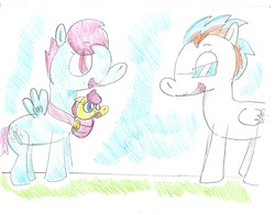 Size: 1854x1454 | Tagged: safe, artist:ptitemouette, oc, oc:apple chips, oc:butterfly, oc:sun ray, pony, baby, baby carrier, baby pony, female, magical lesbian spawn, mother and daughter, offspring, parent:cloudchaser, parent:fire streak, parent:fluttershy, parent:oc:apple diamond, parent:oc:butterfly, parent:rainbow dash, parents:flutterdash, parents:oc x oc, traditional art