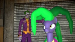 Size: 1366x768 | Tagged: safe, artist:kayman13, mane-iac, pony, g4, 3d, antagonist, arkham asylum, asylum, batman arkham asylum, gmod, petting, the joker