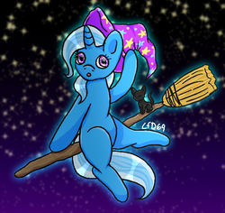 Size: 678x639 | Tagged: safe, artist:lionfishdoodles69, trixie, cat, pony, unicorn, g4, broom, female, flying, flying broomstick, hat, stars, ych example, your character here