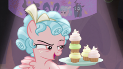 Size: 1920x1080 | Tagged: safe, screencap, cozy glow, grogar, lord tirek, queen chrysalis, pegasus, pony, frenemies (episode), g4, better way to be bad, cupcake, female, filly, foal, food, narrowed eyes, solo, stack