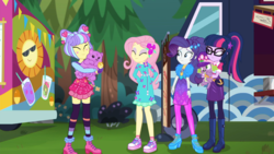 Size: 1599x899 | Tagged: safe, screencap, fluttershy, princess thunder guts, rarity, sci-twi, spike, spike the regular dog, supernova zap, twilight sparkle, dog, equestria girls, g4, lost and pound, lost and pound: fluttershy, my little pony equestria girls: choose your own ending, cute, flower, flower in hair, food truck, geode of fauna, geode of shielding, geode of telekinesis, magical geodes, mixed reactions, shoes, shyabetes, sneakers, spike's festival hat, su-z, zettai ryouiki
