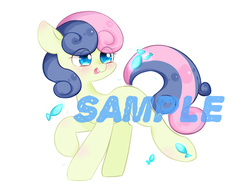 Size: 1200x918 | Tagged: safe, artist:sealko, bon bon, sweetie drops, earth pony, fish, pony, g4, adorabon, blushing, colored pupils, cute, eye clipping through hair, female, mare, open mouth, pixiv, sample, simple background, solo, white background
