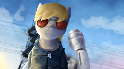 Size: 3838x2156 | Tagged: safe, artist:sapphmod, derpy hooves, pony, g4, clothes, crossover, cyberpunk, cyberpunk 2077, dog tags, female, glasses, high res, looking at you, male, mare, stallion, vest, wake the fuck up