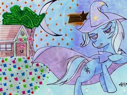 Size: 900x677 | Tagged: safe, artist:theelementofmagic, trixie, pony, g4, female, house, moon, night, shooting star, solo, starry sky, traditional art, tree