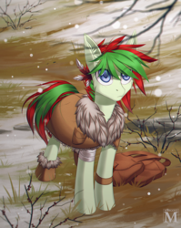 Size: 900x1132 | Tagged: safe, artist:margony, oc, oc only, oc:redchetgreen, earth pony, pony, eye clipping through hair, multicolored hair, multicolored tail, saddle bag, snow, solo