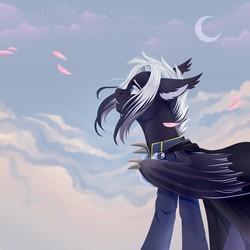 Size: 1280x1280 | Tagged: safe, artist:djkaskan, oc, oc only, bat pony, pony, bat pony oc, bat wings, beautiful, clothes, cloud, crescent moon, looking up, moon, sad, sky, transparent moon