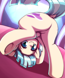 Size: 2500x3000 | Tagged: safe, artist:rockset, coco pommel, earth pony, pony, g4, butt, clothes, cocobetes, cute, cutie mark, dock, face down, featureless crotch, female, flexible, high res, looking at you, looking between legs, plot, smiling, solo, underhoof, upside down