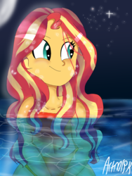 Size: 1800x2400 | Tagged: safe, artist:artmlpk, sunset shimmer, equestria girls, g4, alternate hairstyle, bikini, blushing, clothes, cute, drop, female, moon, shimmerbetes, solo, stars, swimming pool, swimsuit, water, wet, wet hair, wet mane