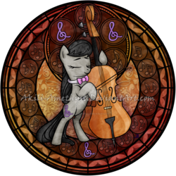 Size: 1024x1024 | Tagged: safe, artist:akili-amethyst, octavia melody, earth pony, pony, g4, bow (instrument), cello, deviantart watermark, disney, dive to the heart, female, kingdom hearts, mare, music notes, musical instrument, obtrusive watermark, solo, stained glass, watermark