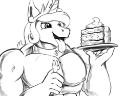 Size: 4000x3000 | Tagged: safe, artist:vittorionobile, princess celestia, anthro, g4, buffed, cake, cute, eating, fetish, food, hulky, king solaris, male, muscles, prince solaris, rule 63, rule63betes, slice, solarabetes, stallion