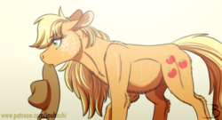 Size: 1600x863 | Tagged: safe, artist:inuhoshi-to-darkpen, applejack, earth pony, pony, g4, applejack's hat, belly, belly fluff, butt fluff, cheek fluff, chest fluff, coat markings, cowboy hat, ear fluff, female, gradient background, hat, leg fluff, lidded eyes, loose hair, mare, mouth hold, profile, simple background, solo, sweat, white background