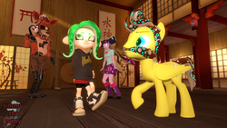 Size: 1280x720 | Tagged: safe, artist:sky chaser, twilight sparkle, oc, oc:sky chaser, human, octoling, pegasus, pony, g4, 3d, animatronic, crossover, five nights at freddy's, foxy, non-mlp oc, source filmmaker, splatoon, tentacles