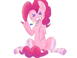 Size: 1024x768 | Tagged: safe, artist:moku, pinkie pie, earth pony, pony, g4, ><, blushing, clothes, cute, diapinkes, eyes closed, female, mare, party horn, pixiv, simple background, sitting, smiling, socks, solo, striped socks, white background
