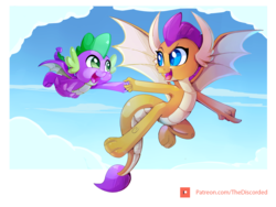Size: 2000x1500 | Tagged: safe, artist:discorded, smolder, spike, dragon, g4, armpits, cloud, cute, dragoness, duo, female, flying, male, open mouth, pointing, sky, smolderbetes, spikabetes, winged spike, wings