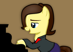 Size: 1002x725 | Tagged: safe, artist:crystalmia107, artist:grapefruitface1, oc, oc:pony banks, pony, base used, clothes, happy, jacket, jeans, musical instrument, musician, pants, piano, show accurate, tony banks