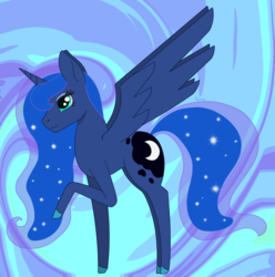 Size: 1967x1981 | Tagged: safe, artist:dyonys, derpibooru exclusive, princess luna, alicorn, pony, g4, abstract background, chibi, cute, female, lunabetes, raised hoof, solo, spread wings, standing, wings