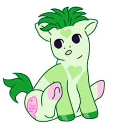 Size: 250x280 | Tagged: safe, artist:guidomista, derpibooru exclusive, earth pony, fish, pony, alternate universe, anime, anime crossover, chibi, chubby, chubby cheeks, crossover, cute, green, heart, hooves, hooves up, jojo, jojo's bizarre adventure, looking back, markings, multicolored, open mouth, pesci, pink, ponified, pudgy, simple background, sitting, solo, transparent background