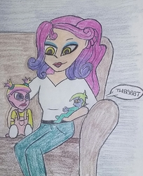 Size: 1152x1414 | Tagged: safe, artist:pabrony83, princess amore, princess cadance, oc, oc:azure glide, equestria girls, g4, alternate universe, baby, couch, death by cuteness, family, sitting, smiling, toddler, traditional art
