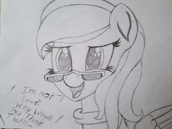 Size: 2016x1512 | Tagged: safe, artist:straighttothepointstudio, oc, oc only, oc:serendipity, pegasus, pony, black and white, cute, female, glasses, grayscale, long mane, mare, monochrome, smiling, solo, traditional art
