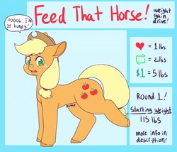Size: 1280x1097 | Tagged: safe, artist:fatfurparadise, part of a set, applejack, earth pony, pony, series:feed that horse!, g4, belly, female, hungry, incentive drive, mare, note expansion, onomatopoeia, open mouth, part of a series, raised hoof, solo, speech bubble, stomach growl, stomach noise, this will end in weight gain, weight gain sequence