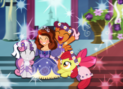 Size: 1600x1158 | Tagged: safe, artist:autumn-opaline, apple bloom, scootaloo, sweetie belle, earth pony, human, pegasus, pony, unicorn, g4, amulet, clothes, crossover, crown, cutie mark crusaders, disney, dress, female, floral head wreath, flower, flower filly, flower girl, flower girl dress, jewelry, necklace, princess sofia, regalia, sofia the first, throne room