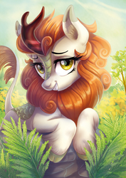 Size: 849x1200 | Tagged: safe, artist:yulyeen, autumn blaze, kirin, sounds of silence, awwtumn blaze, beautiful, bedroom eyes, cloven hooves, cute, ear fluff, featured image, female, fern, leonine tail, looking at you, mare, plant, smiling, solo