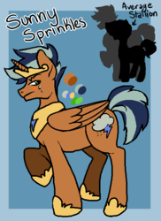 Size: 465x637 | Tagged: safe, artist:/d/non, oc, oc:sunny sprinkles, alicorn, pony, accessory, alicorn oc, crown, height scale, jewelry, male, necklace, reference sheet, regalia, stallion