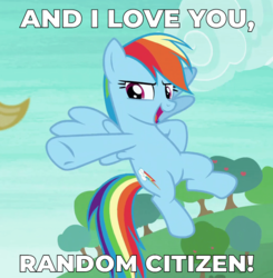 Size: 800x817 | Tagged: safe, edit, edited screencap, screencap, applejack, rainbow dash, pegasus, pony, g4, non-compete clause, caption, cloud, cropped, dreamworks, female, flying, fourth wall, image macro, mare, megamind, metro man, movie reference, open mouth, pointing, sky, text, tree