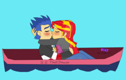 Size: 1024x656 | Tagged: safe, artist:stella-exquisa, flash sentry, sunset shimmer, equestria girls, g4, boat, female, male, ship:flashimmer, shipping, straight, water
