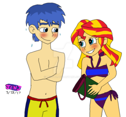 Size: 1024x949 | Tagged: safe, artist:stella-exquisa, flash sentry, sunset shimmer, equestria girls, g4, clothes, female, male, ship:flashimmer, shipping, straight, swimsuit