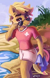 Size: 1600x2498 | Tagged: safe, artist:saxopi, oc, oc only, oc:double, anthro, beach, ocean, solo, sunglasses