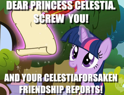 Size: 815x627 | Tagged: safe, twilight sparkle, pony, unicorn, g4, stare master, caption, dear princess celestia, glowing horn, horn, image macro, magic, magic aura, paper, quill pen, text, this will end in tears and/or a journey to the moon