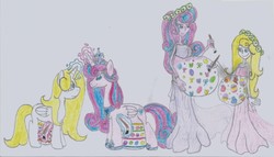 Size: 1280x734 | Tagged: safe, artist:nephilim rider, princess flurry heart, oc, oc:gleaming grace, alicorn, human, pony, equestria girls, g4, adult, alicorn oc, belly, belly painting, easter, female, holiday, human ponidox, magic, magic aura, mama flurry, mother and daughter, multiple pregnancy, offspring, offspring's offspring, older, older flurry heart, paintbrush, painting, parent:oc:shimmering glow, parent:princess flurry heart, parents:canon x oc, pregnant, self ponidox, traditional art, wreath